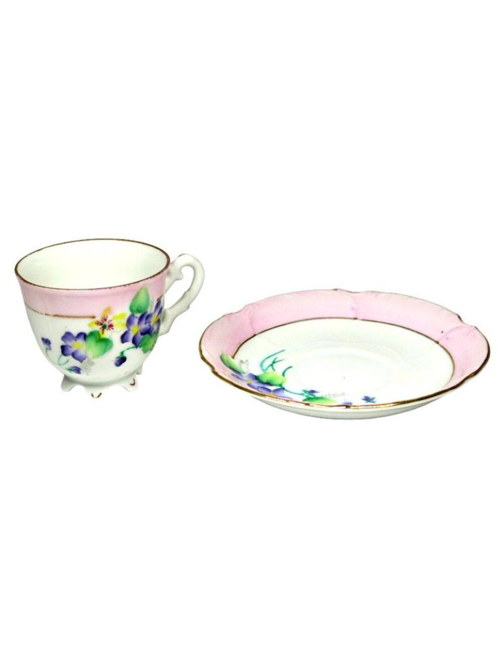 Hal-Sey Fifth Ave Violets Teacup & Saucer Footed Pink Rim Gold Trim Vintage - Picture 2 of 7